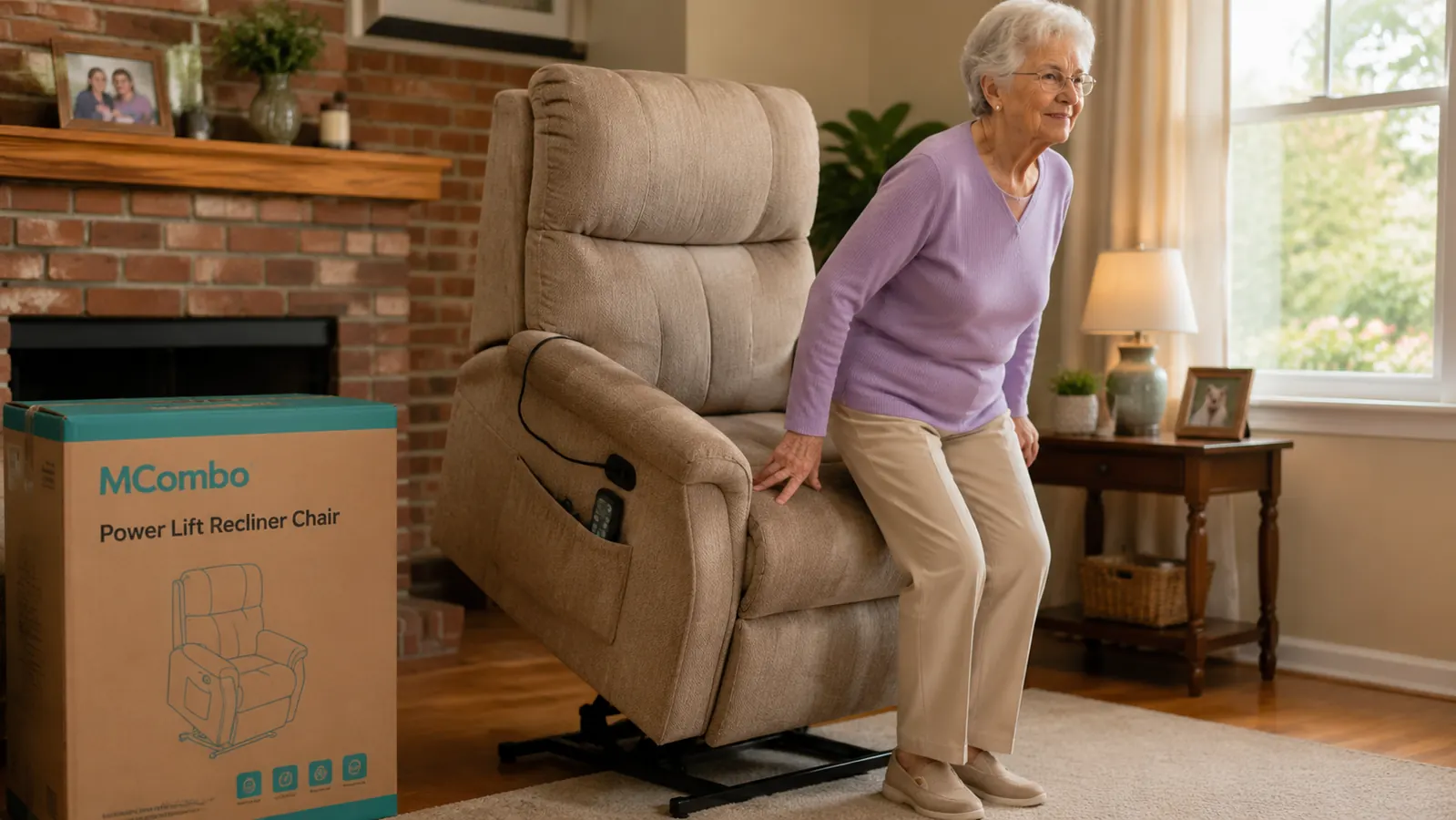 Senior woman slowly standing up with the help of a lift chair tilting forward at an angle