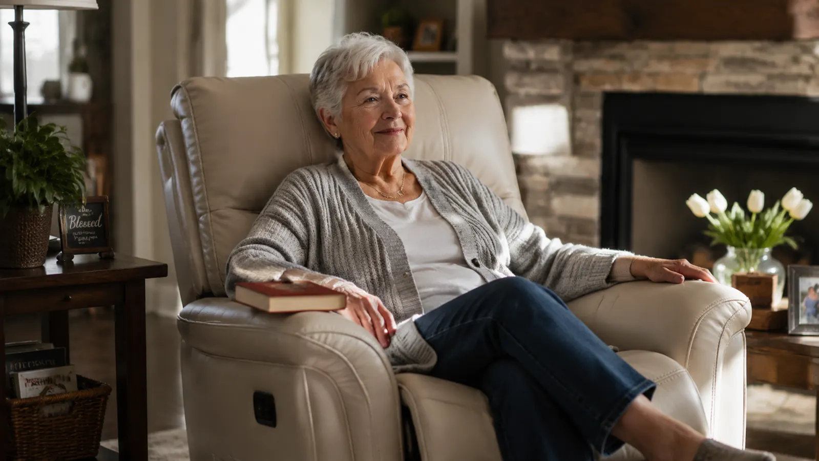 Elderly woman seated comfortably in a cream-colored power lift recliner in a warm living room, soft afternoon light coming through the window