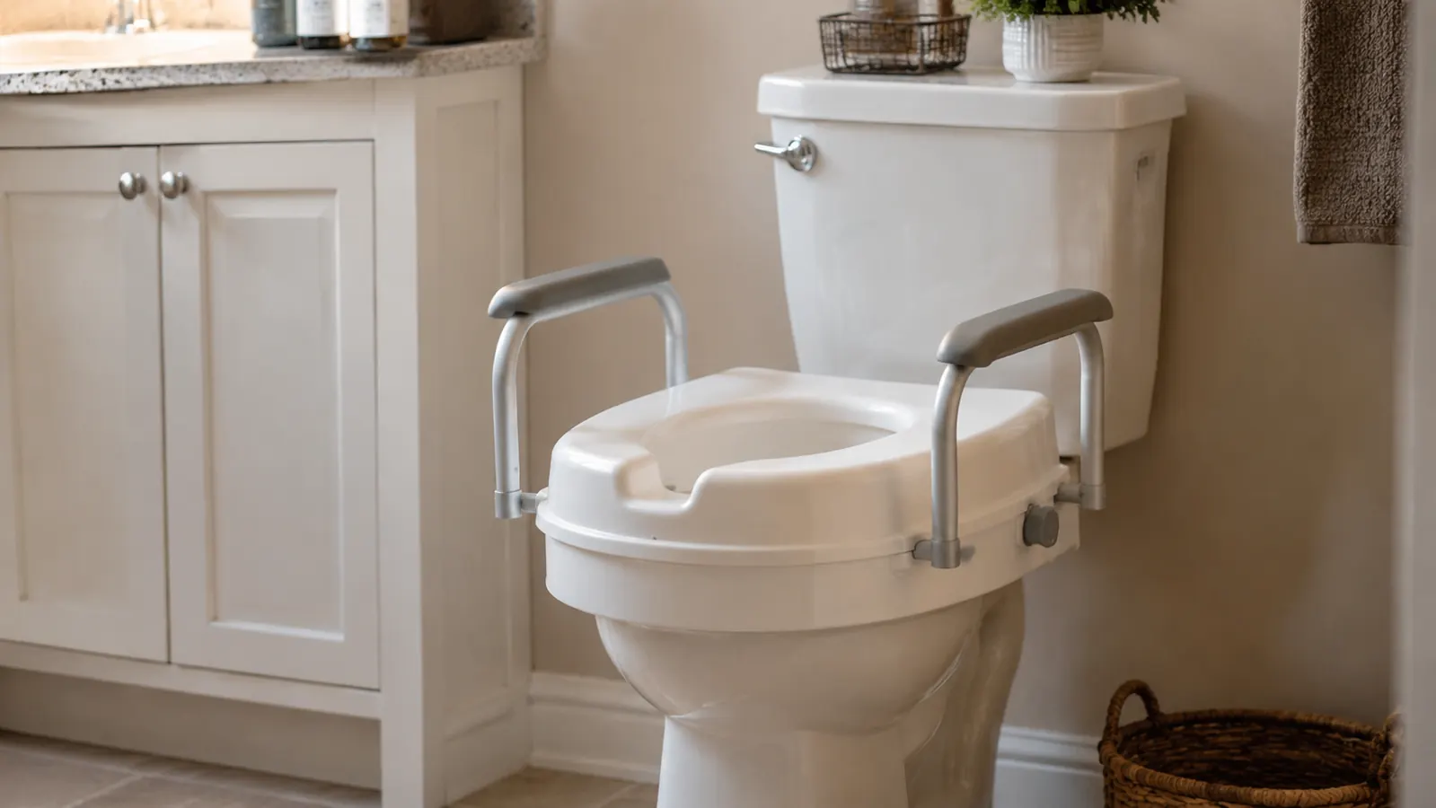 Bathroom with raised toilet seat installed on standard toilet, grab bar on wall, clean and well-lit