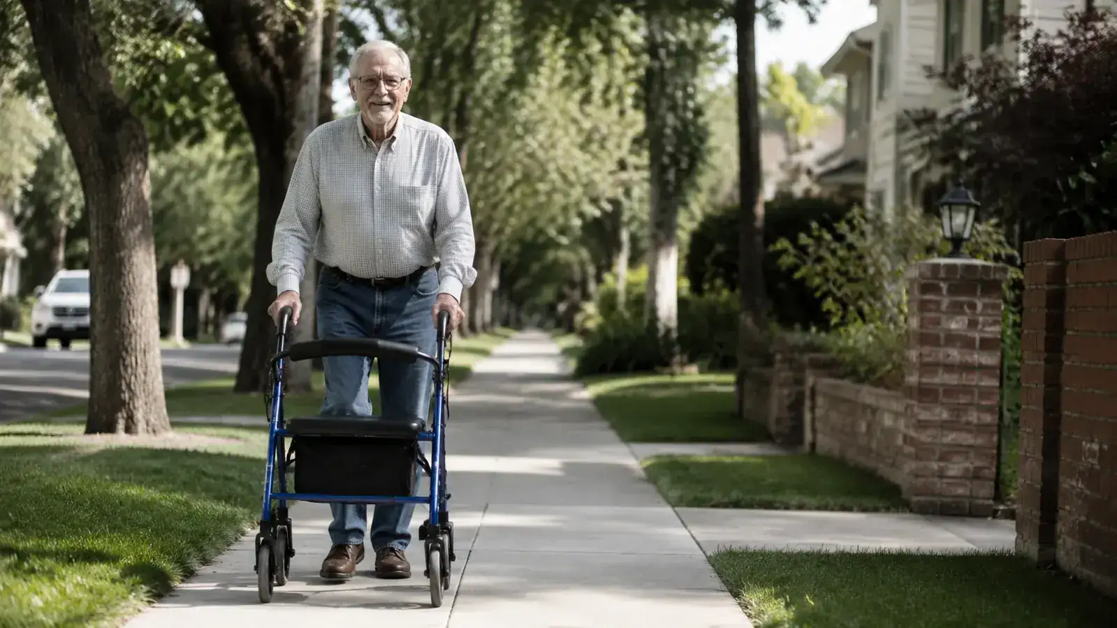 Older man pushing a blue rollator walker down a sunlit neighborhood sidewalk