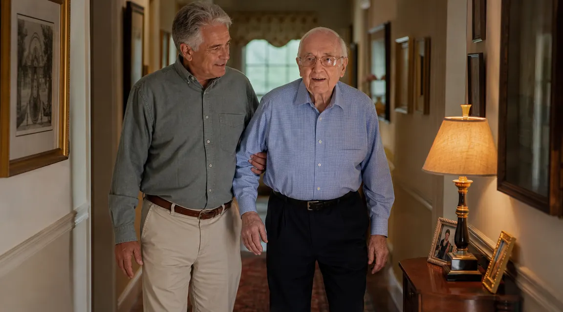 Caregiver and elderly father walking together down a hallway, caregiver holding gait belt handle at his side