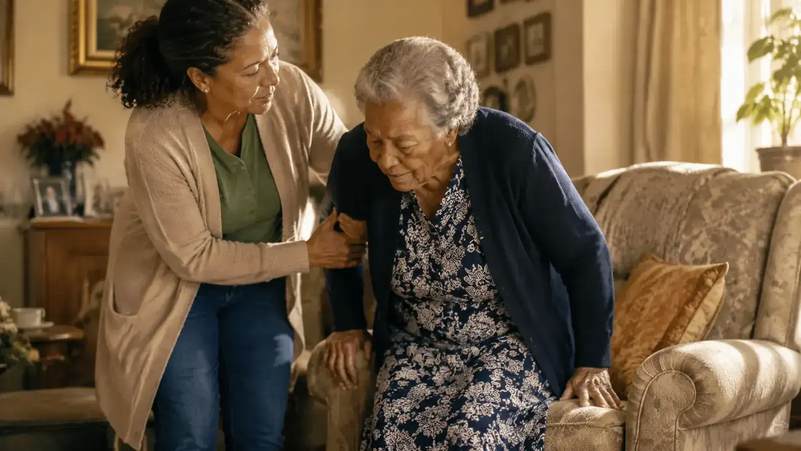 Adult caregiver helping elderly woman stand from a chair in a bright living room, morning light through window
