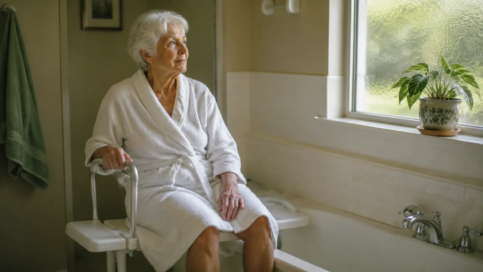 Senior woman seated safely on a transfer bench at the edge of a bathtub, morning light coming through a bathroom window