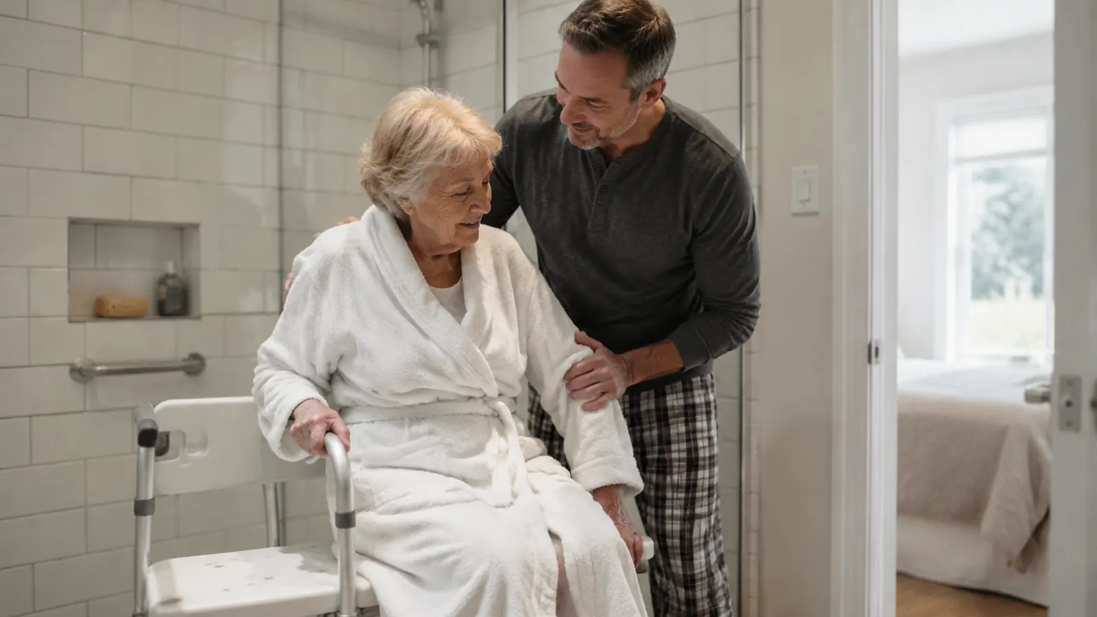 Older adult caregiver and elderly woman practicing the slide-transfer technique across the bench into a bathtub, caregiver standing to the side