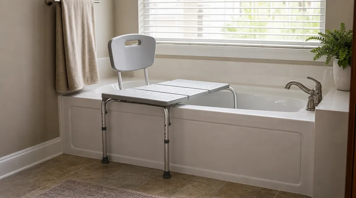 Drive Medical tub transfer bench installed across a standard white bathtub in a home bathroom, adjusted legs on both sides, backrest visible