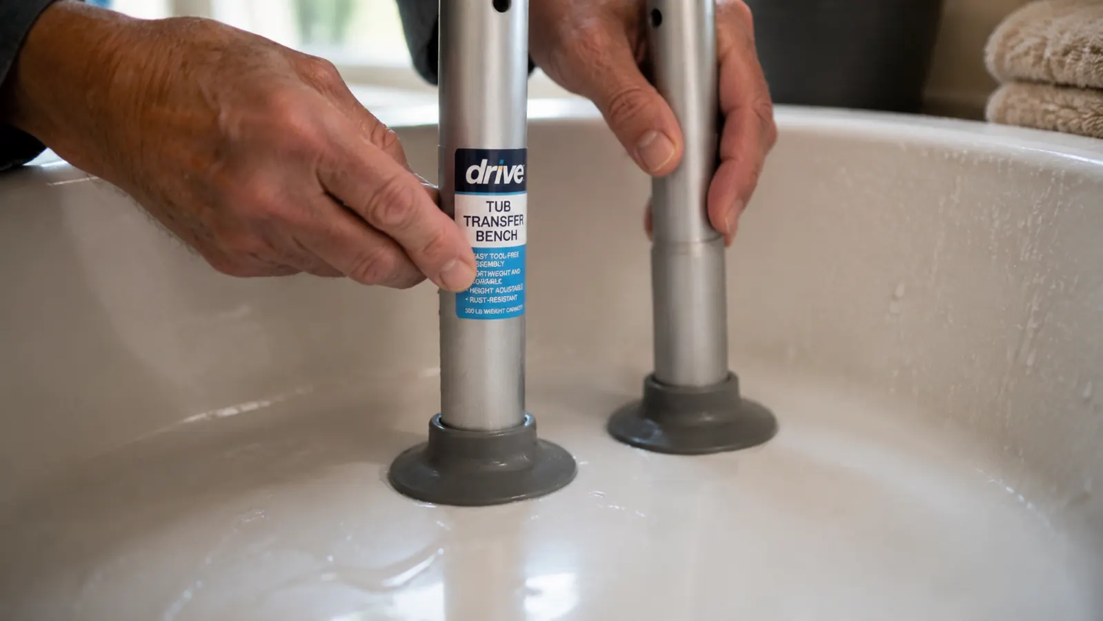 Close-up of the Drive Medical transfer bench rubber suction feet pressed firmly against the floor of a bathtub