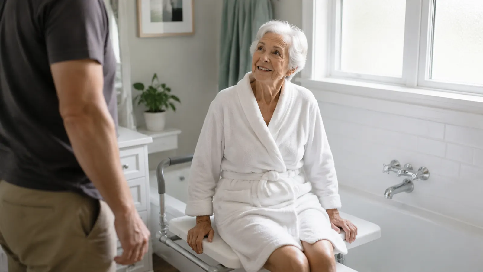 Senior woman sitting on a white tub transfer bench beside a bathtub in a bright bathroom, with a caregiver standing nearby