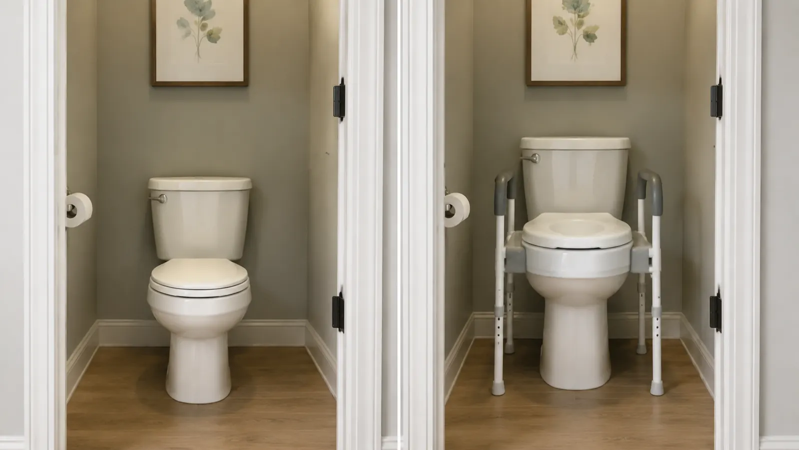Side-by-side view of a standard toilet and a toilet with a raised seat showing the height difference
