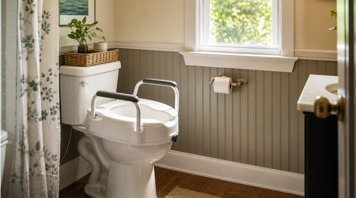 White raised toilet seat with padded arms installed on a standard home toilet in a clean bathroom