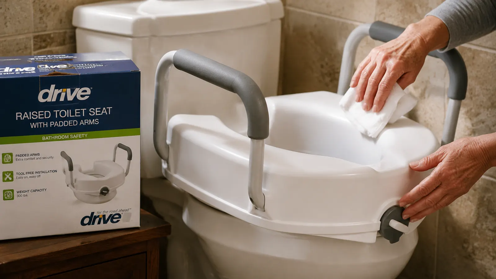 Person wiping down white padded armrests on a raised toilet seat with a damp cloth, bathroom tile background