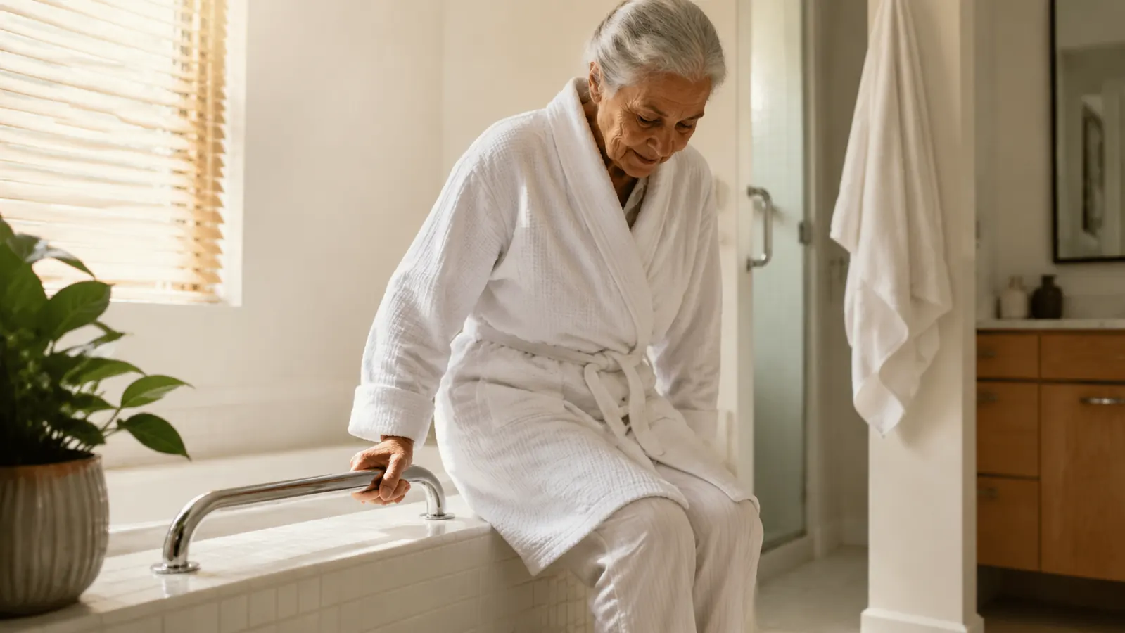 Older woman with silver hair carefully sitting down in a clean, well-lit home bathroom, raised toilet seat with padded arms visible, soft morning light through a frosted window