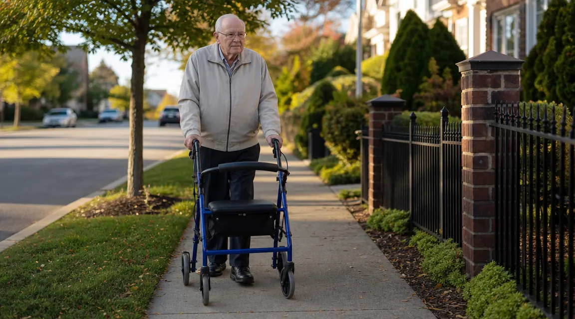 Senior man using a blue rollator walker with a built-in seat on a sunny sidewalk outside a grocery store