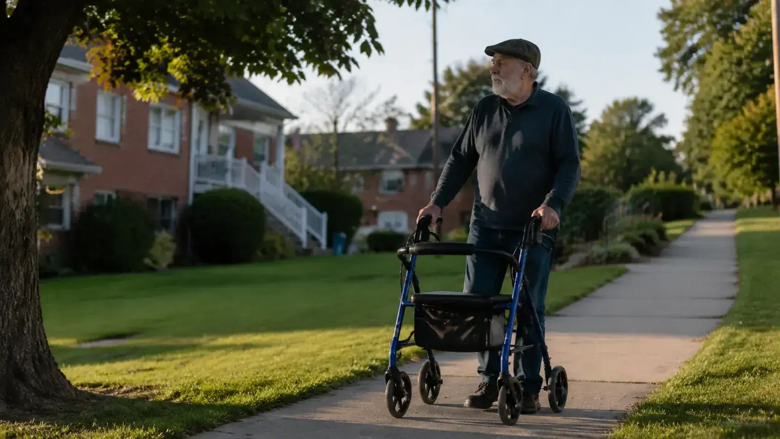 Senior man walking on a downhill sidewalk using a blue rollator walker, leaning slightly back for control