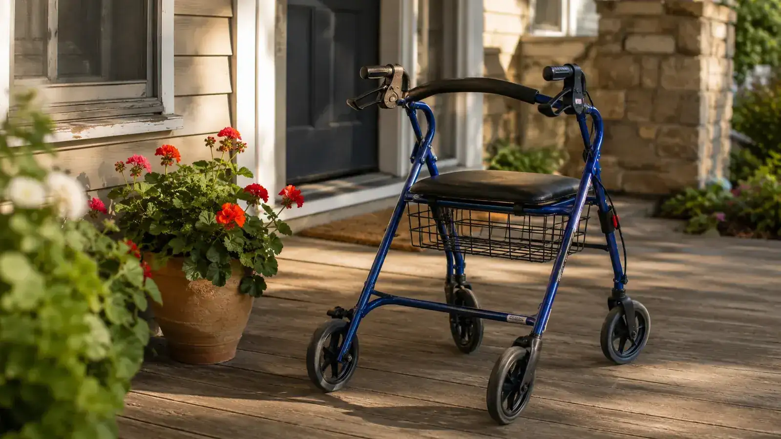Blue rollator walker sitting on a front porch beside a potted plant, morning light casting soft shadows on the frame