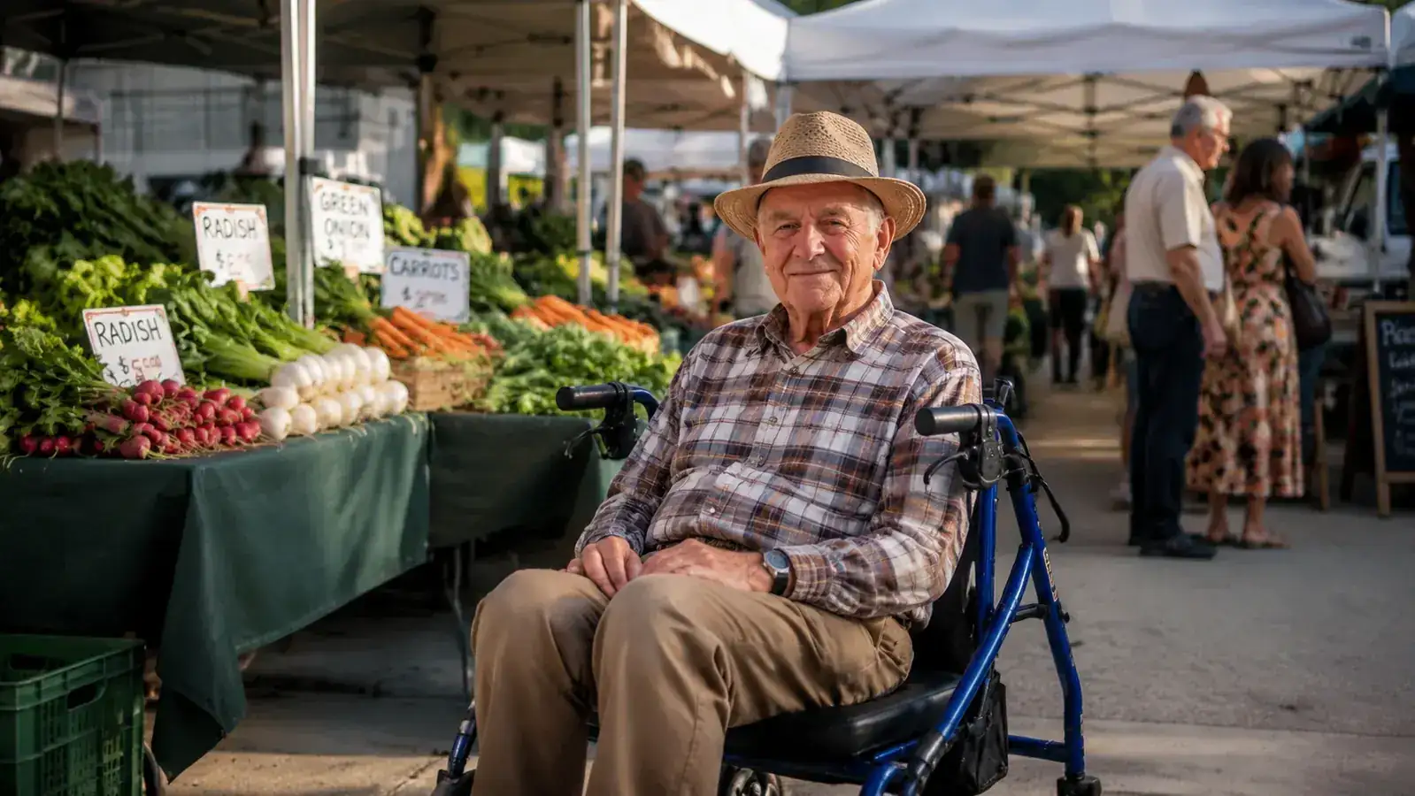 Elderly man sitting on the padded seat of a rollator walker at a farmers market, resting between stalls