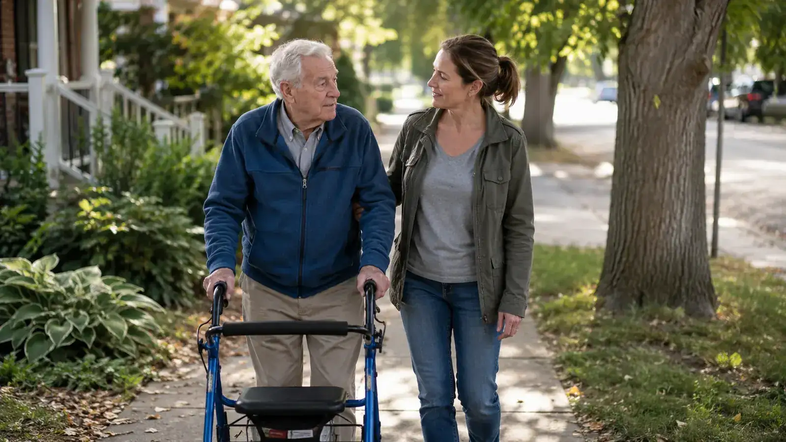 Elderly man walking on a sunny sidewalk using a blue rollator walker with a basket, daughter walking beside him