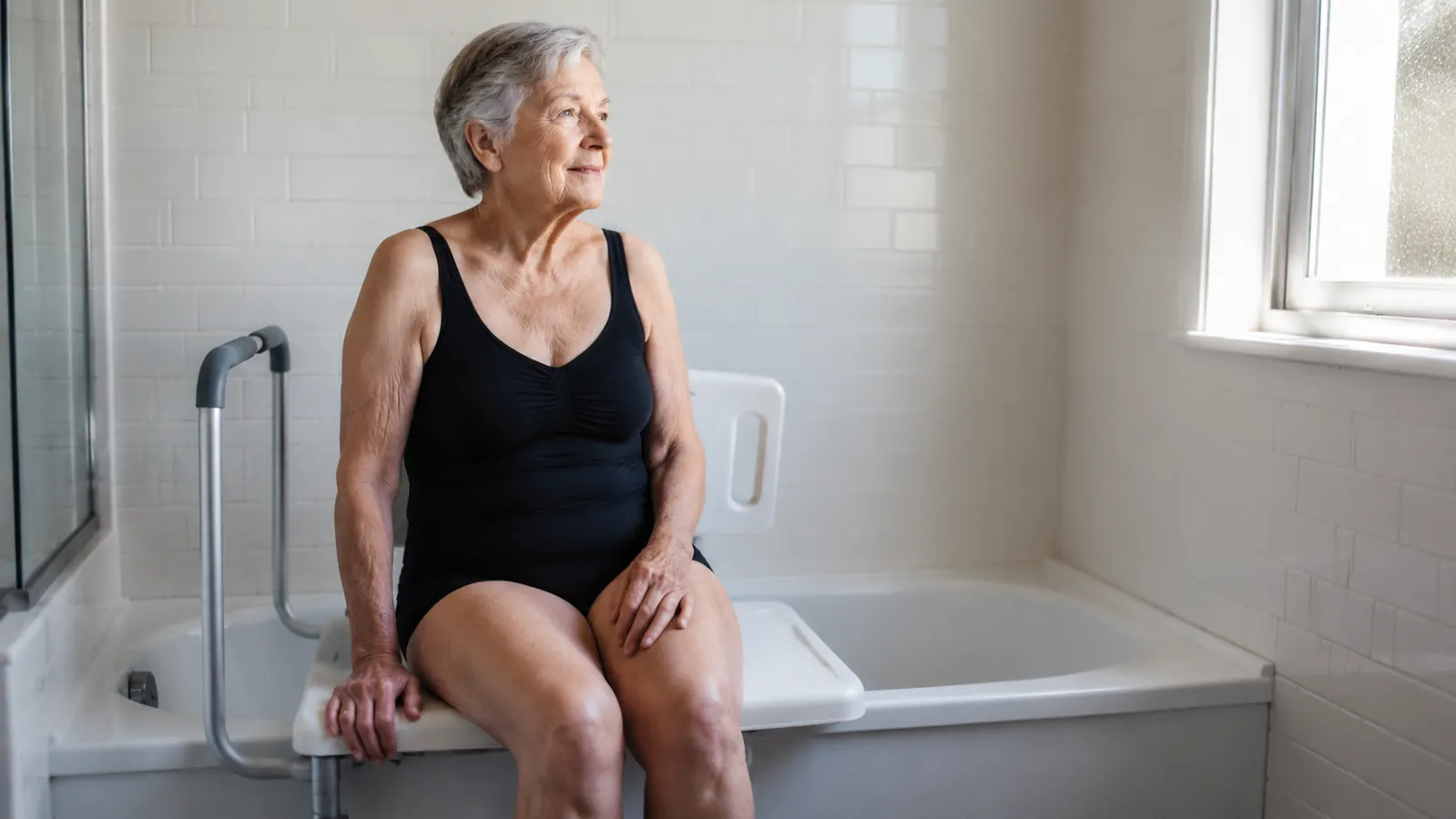 Senior woman sitting safely on a tub transfer bench in a bright, clean bathroom