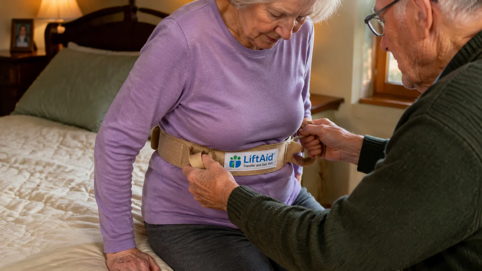 Caregiver helping elderly woman stand from a hospital bed using a gait belt around her waist, proper transfer technique