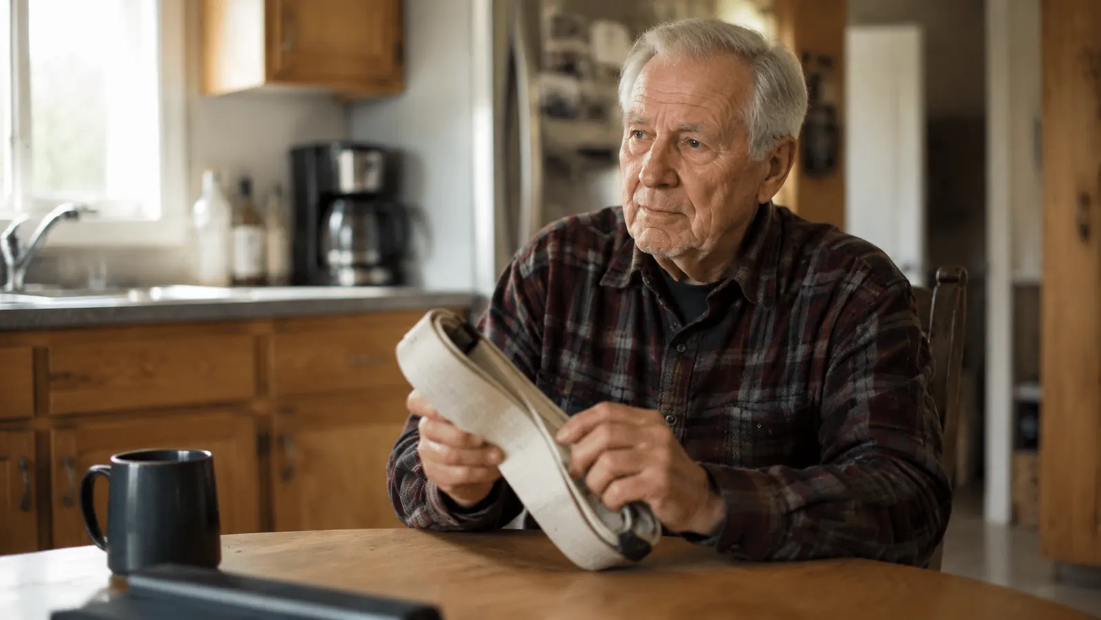 Older man in a flannel shirt sitting at a kitchen table holding a tan gait belt, morning light through a window behind him