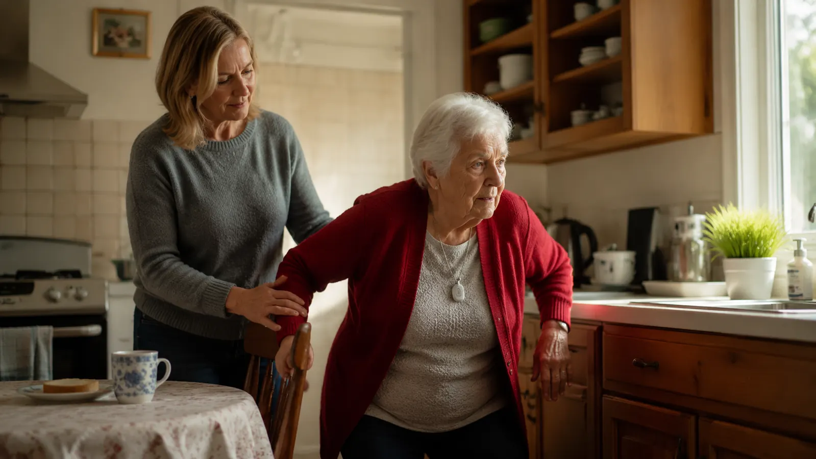 Home caregiver steadying an elderly woman as she stands from a chair, morning light through a living room window