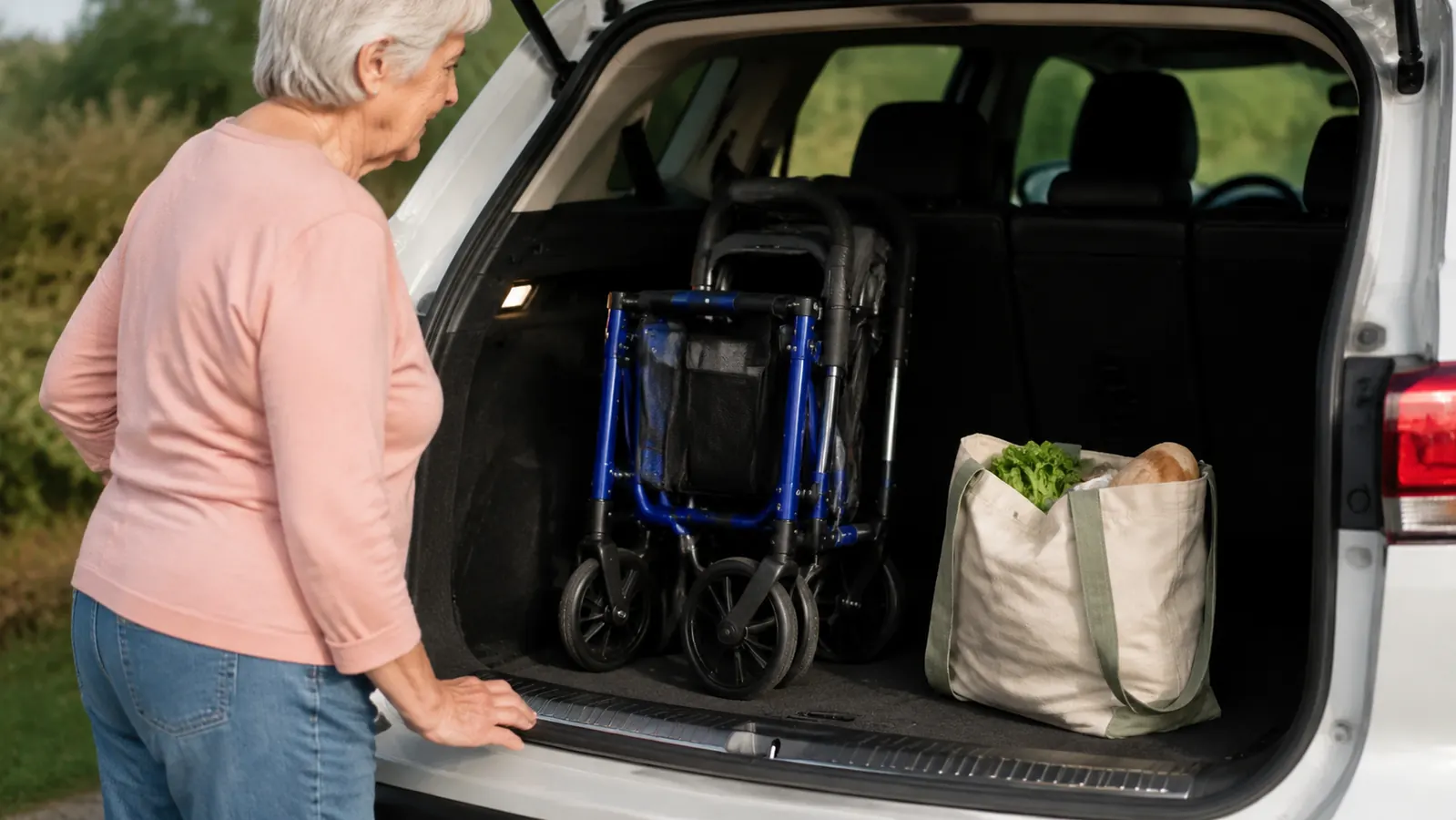 Blue rollator walker folded flat and leaning against the interior of a car trunk next to a grocery bag