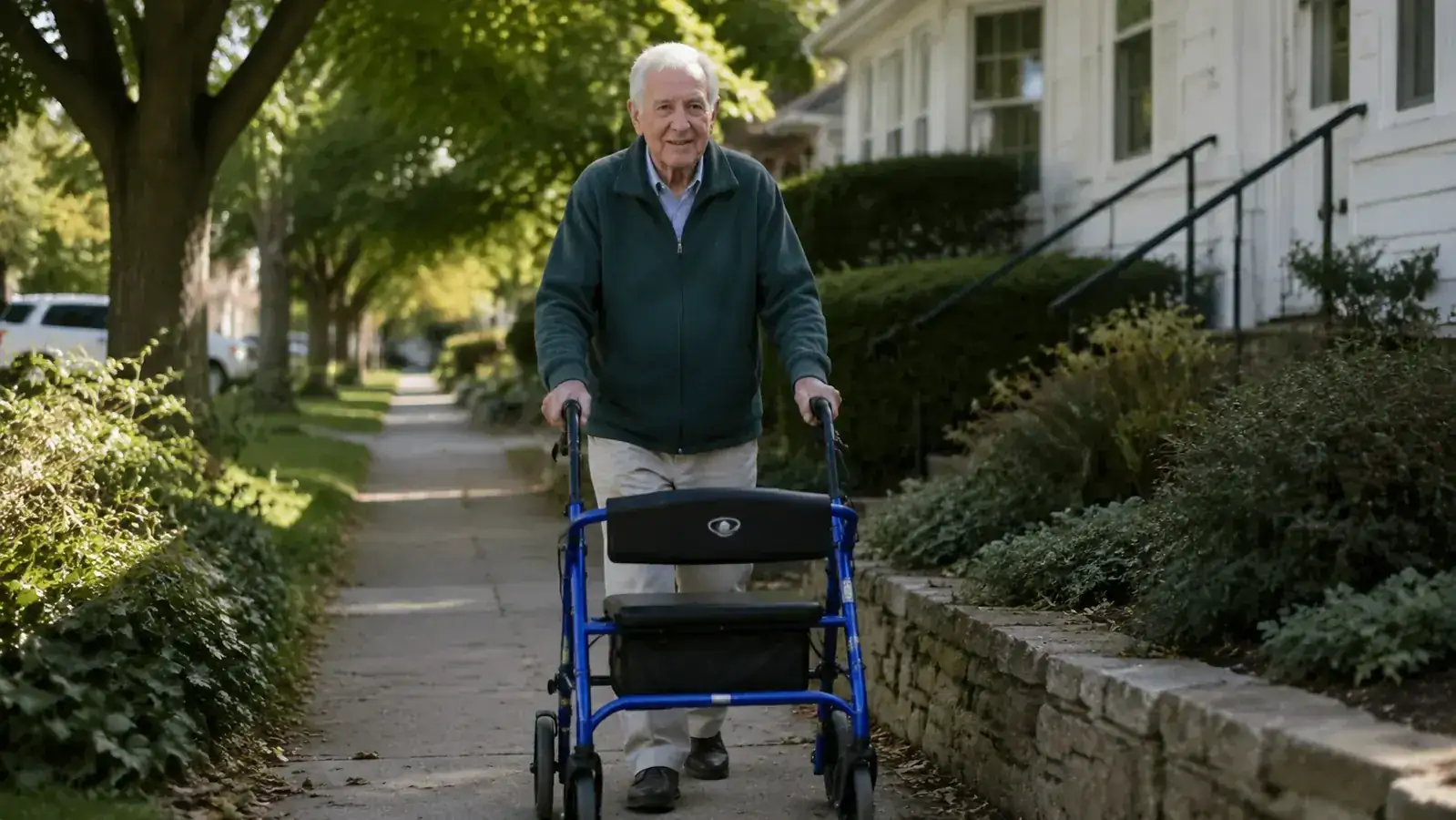 Elderly man standing upright using a blue rollator walker on a sunny sidewalk, handles at wrist height