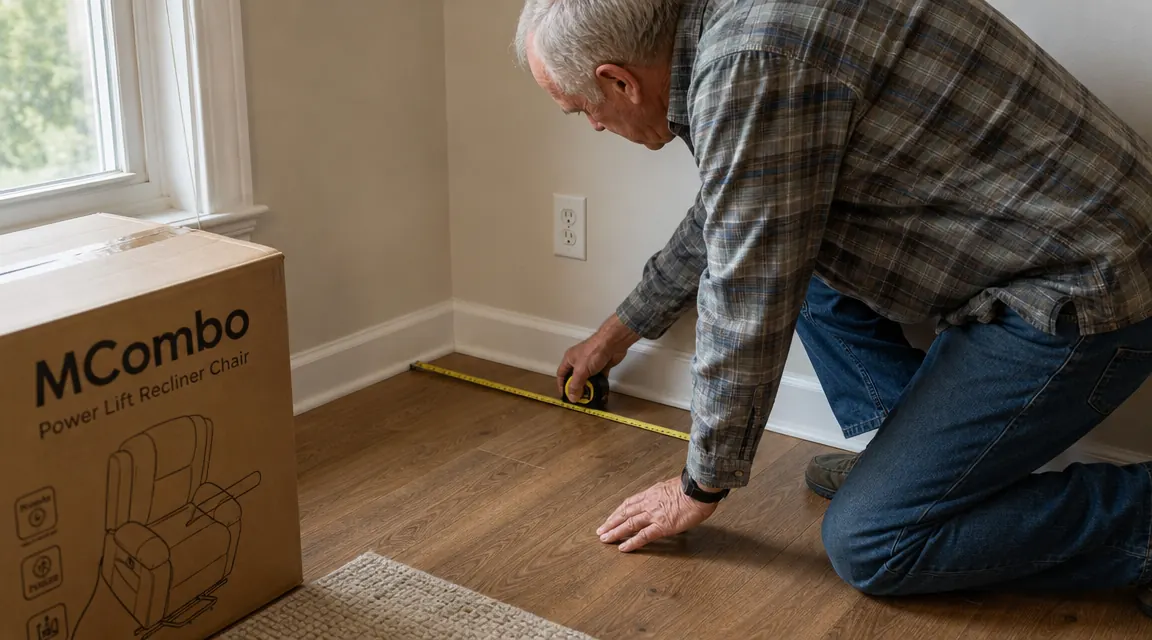 Person using a tape measure to check the width of a living room corner next to a wall outlet
