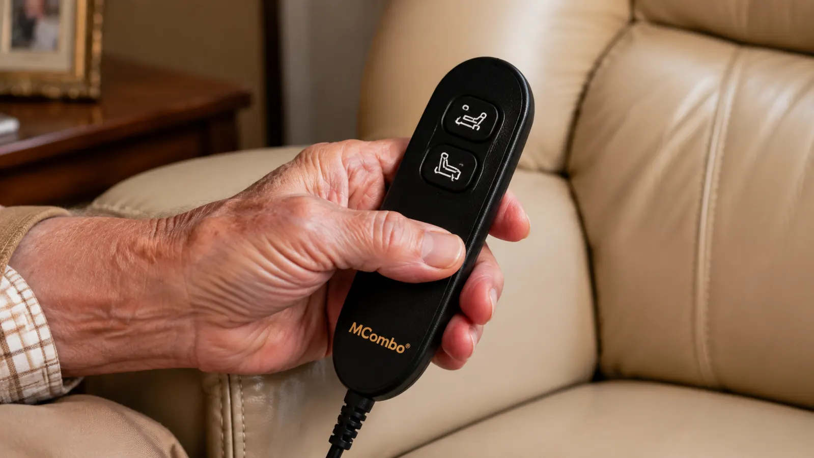Close-up of a faux leather lift chair remote control handset with large labeled buttons
