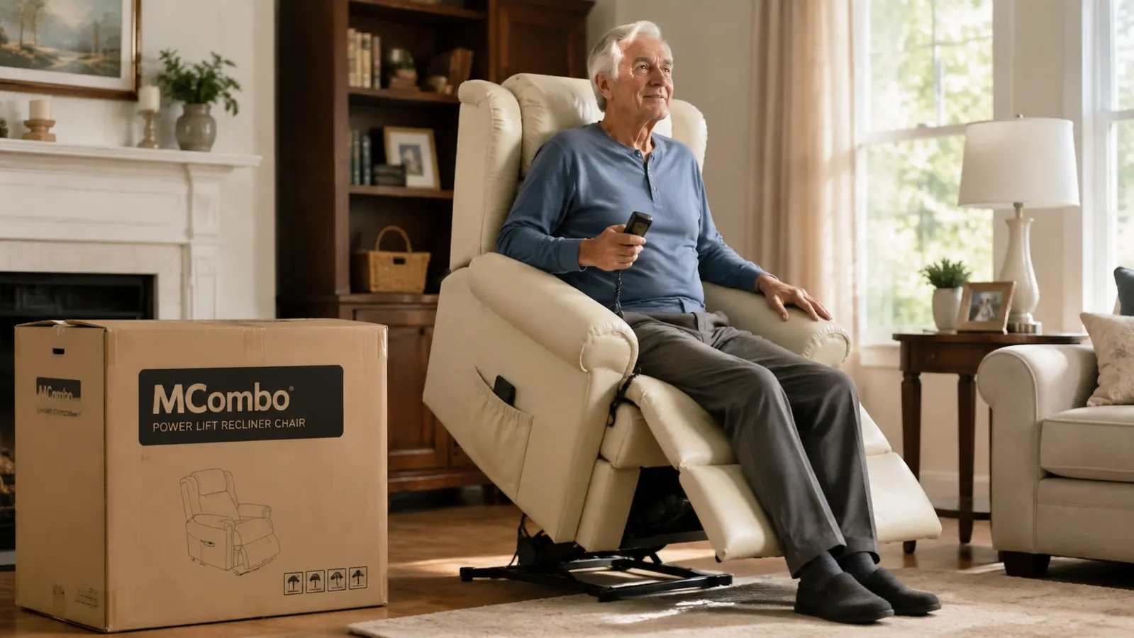 Power lift recliner chair shown in the upright lift position with footrest extended, living room setting