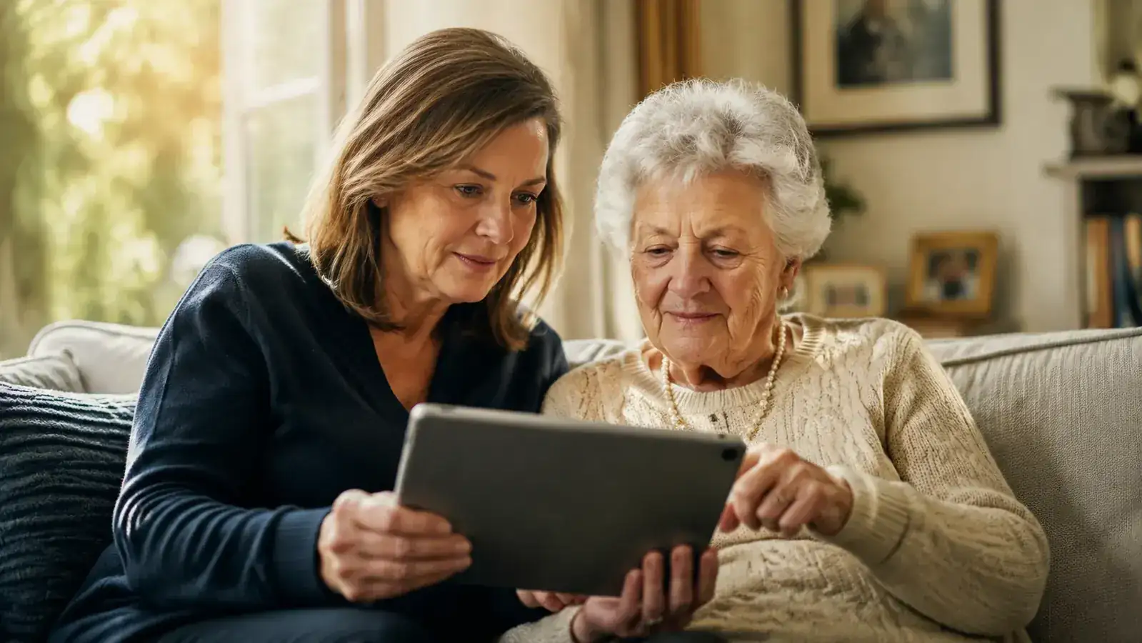Adult daughter and elderly mother sitting together in a bright living room, looking at a tablet, soft morning light through the window