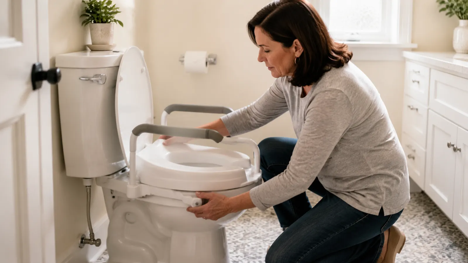 Caregiver kneeling beside a toilet installing a white raised toilet seat with padded armrests in a clean home bathroom