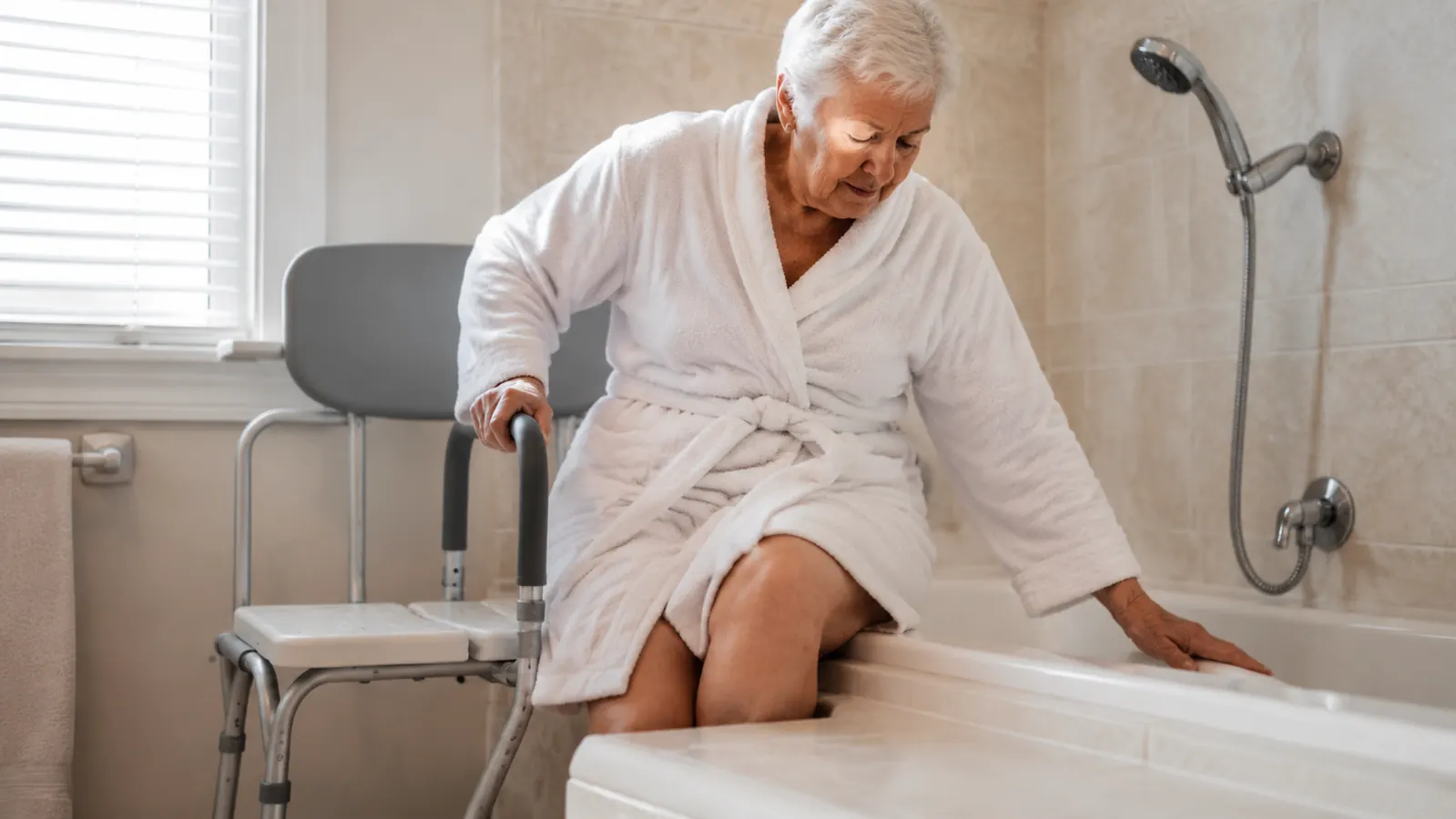 Elderly woman performing a slide transfer from the bench seat into the bathtub with a handheld showerhead nearby
