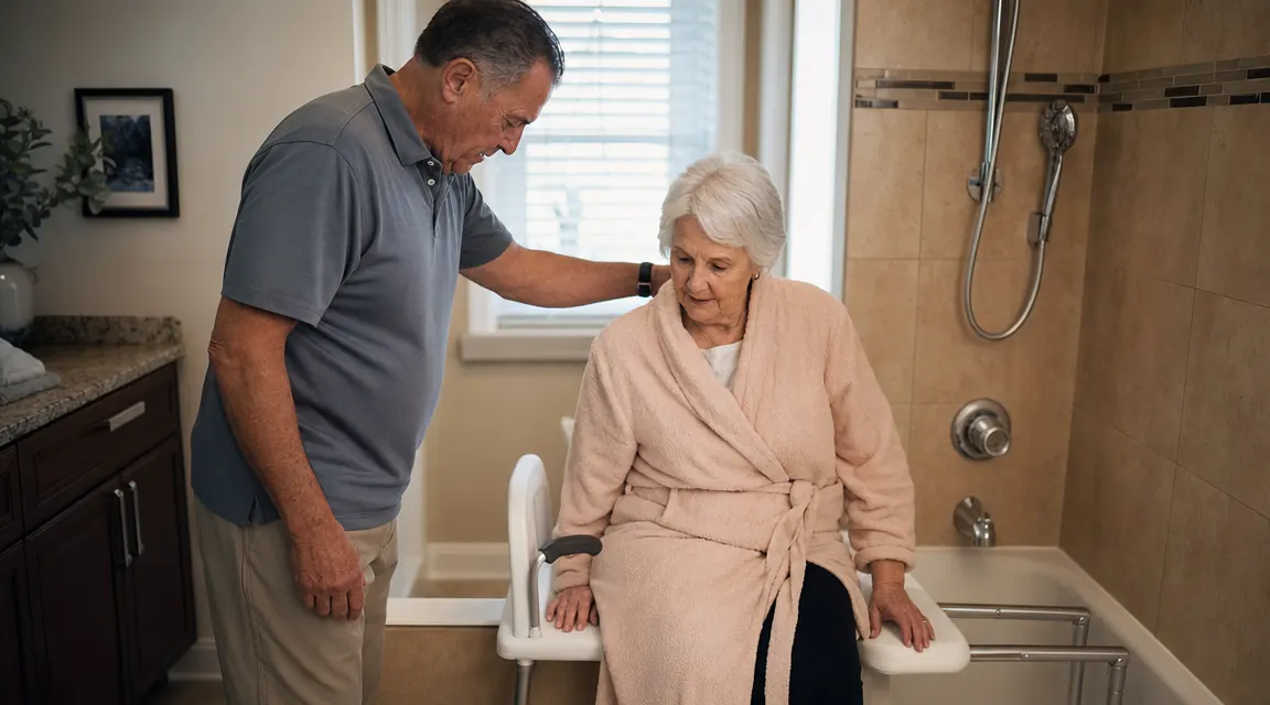 Caregiver helping an elderly woman sit on a tub transfer bench next to a bathtub in a clean, well-lit bathroom