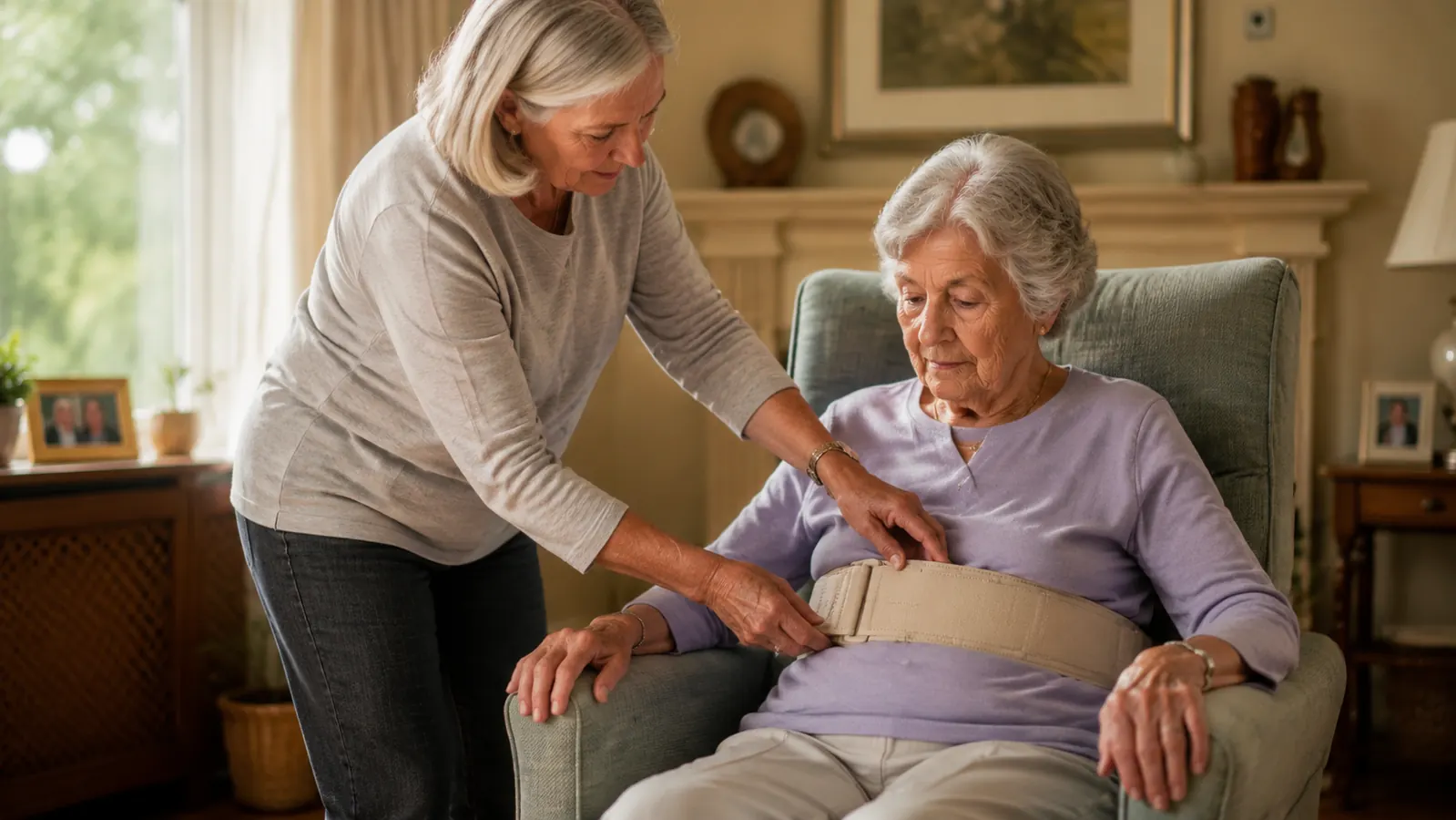 Caregiver standing beside seated elderly woman, hands positioned on a gait belt at the woman's waist, about to assist with standing