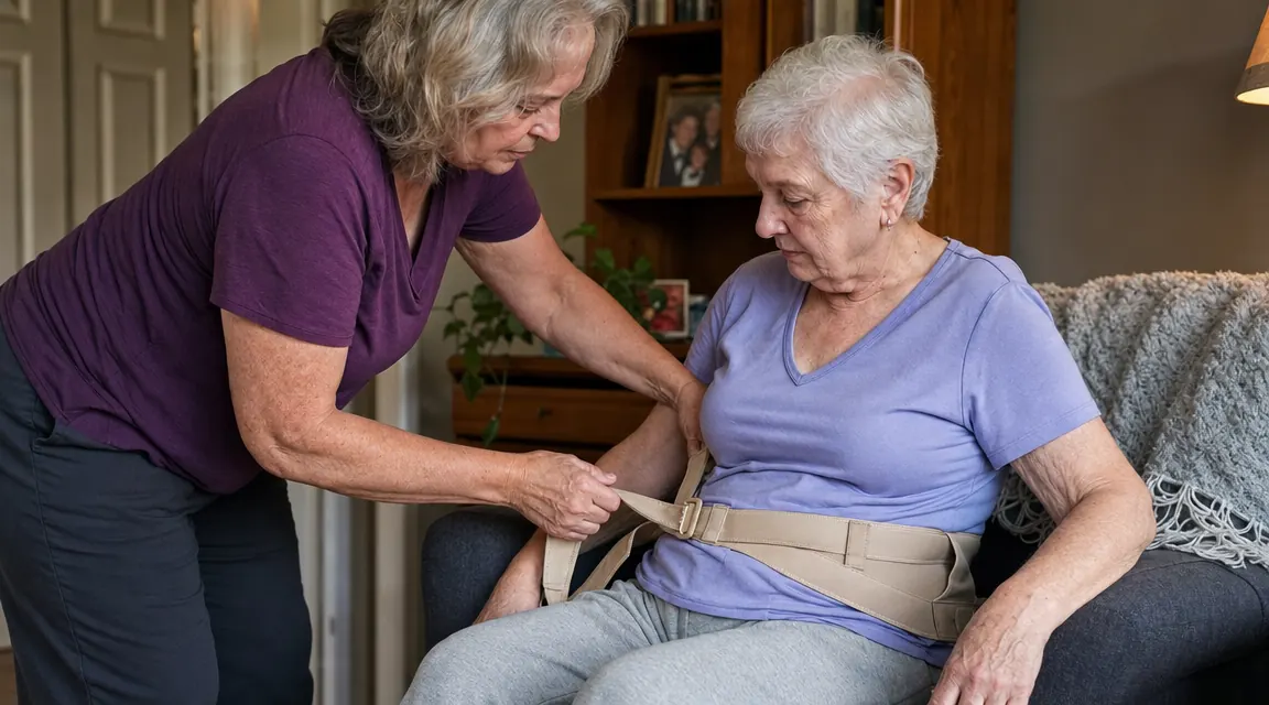 Caregiver adjusting a beige gait belt around an elderly woman's waist before assisting her to stand from a chair