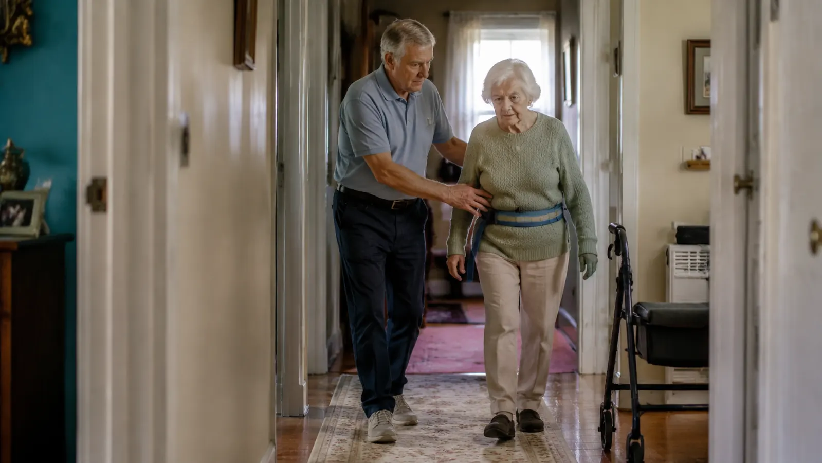 Caregiver and elderly woman walking together down a hallway, caregiver's hand on gait belt, bright natural light