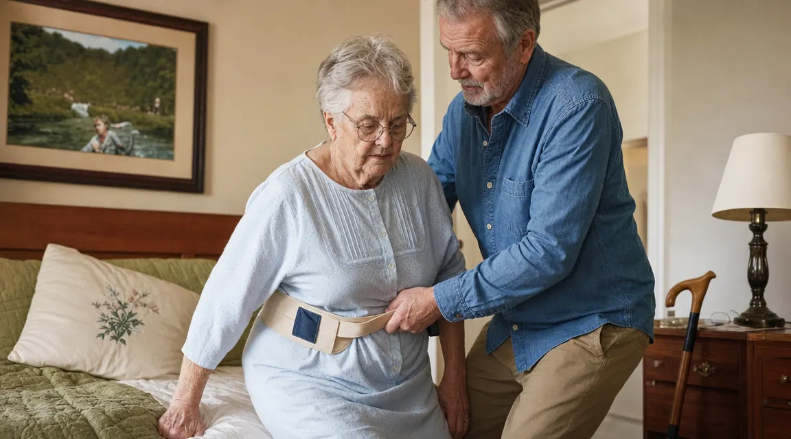 Caregiver helping elderly woman stand from a bed, hands on a beige gait belt around her waist, soft morning light through a bedroom window