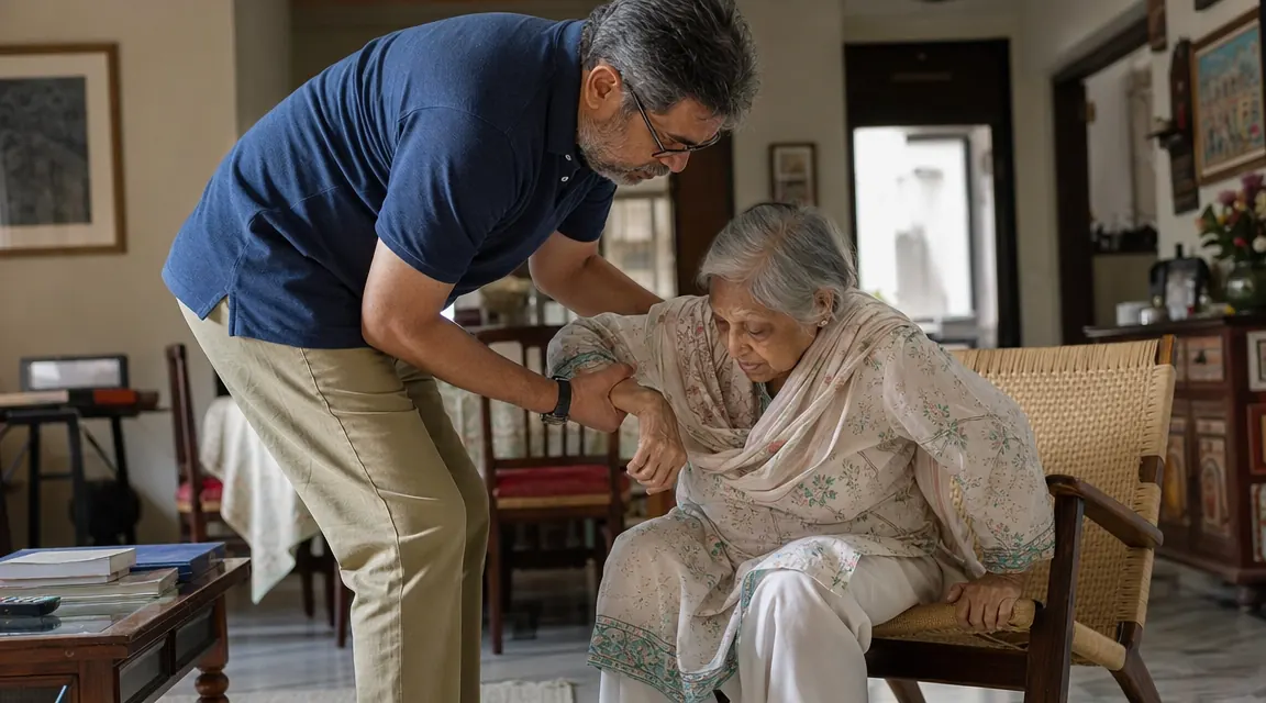 Adult son helping his elderly mother rise from a standard recliner before a lift chair arrived