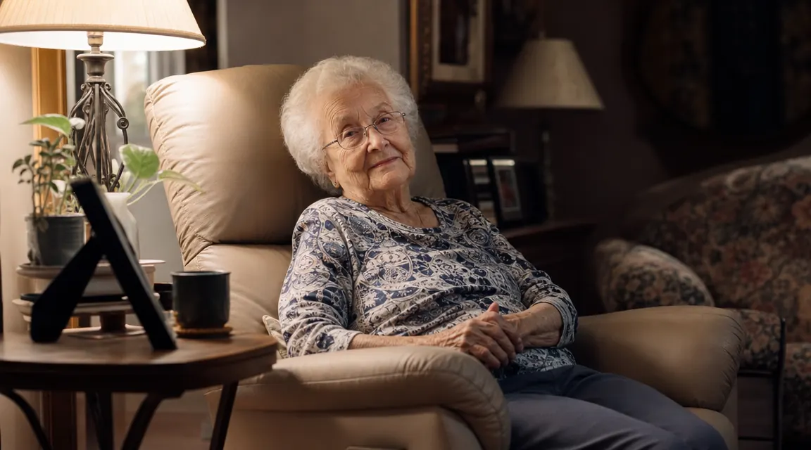 Elderly woman seated comfortably in a cream-colored power lift recliner in a warmly lit living room, late evening