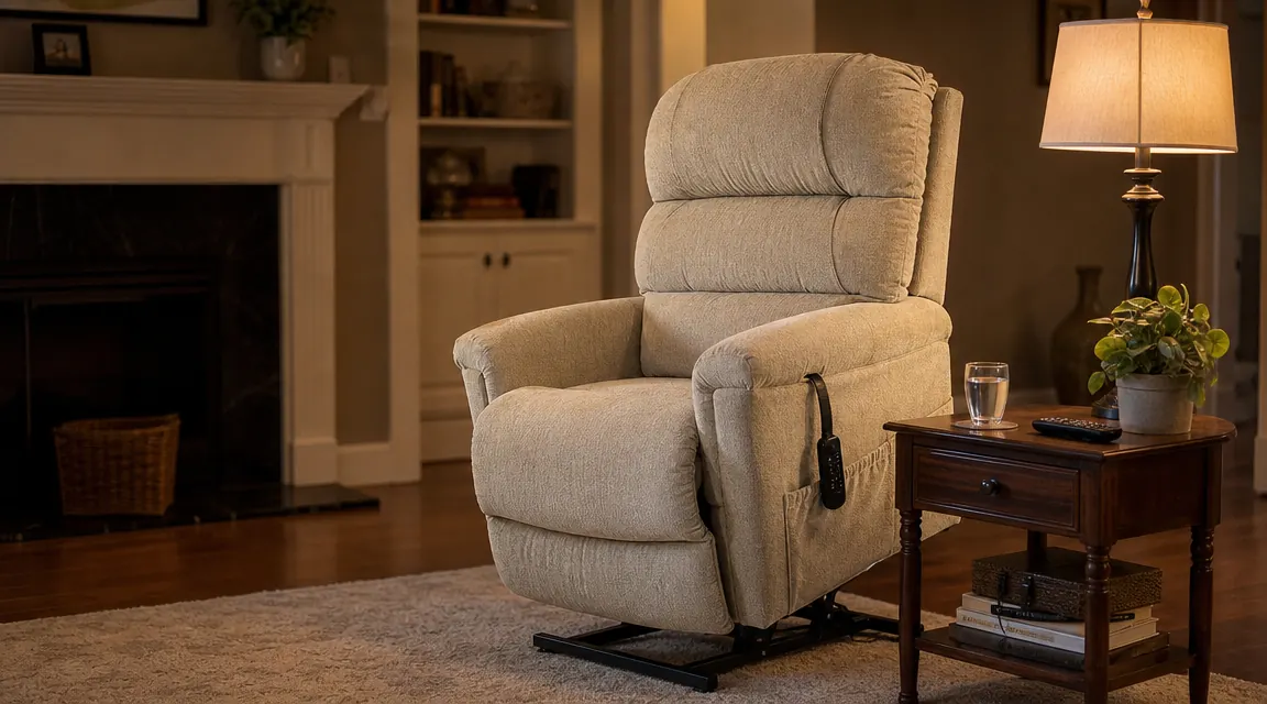 Cream faux-leather power lift recliner in a warm living room corner near a lamp and side table
