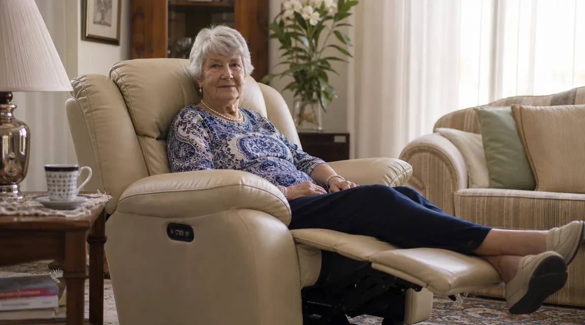 Elderly woman seated comfortably in a cream-colored power lift recliner in a well-lit living room, feet elevated, relaxed expression