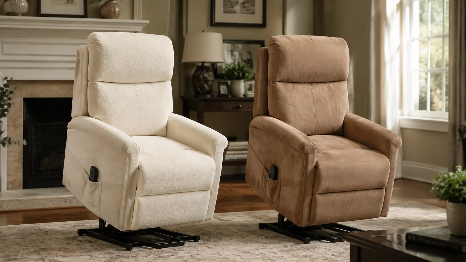 Two power lift recliners side by side in a living room, cream white on the left and tan on the right, soft afternoon window light