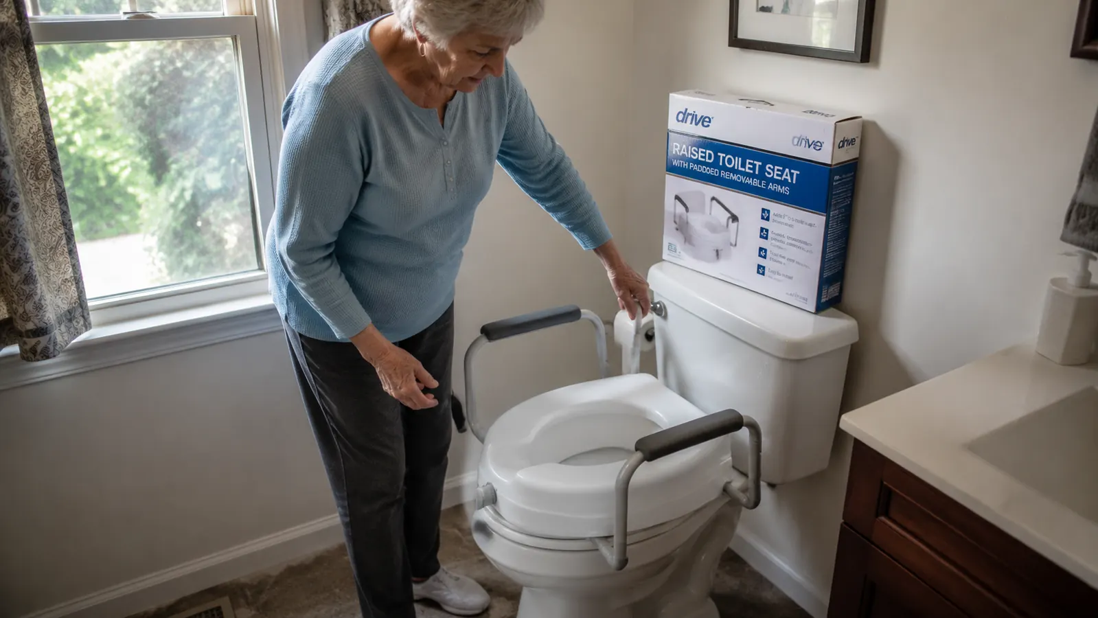 Drive Medical raised toilet seat with padded arms installed on a standard white toilet