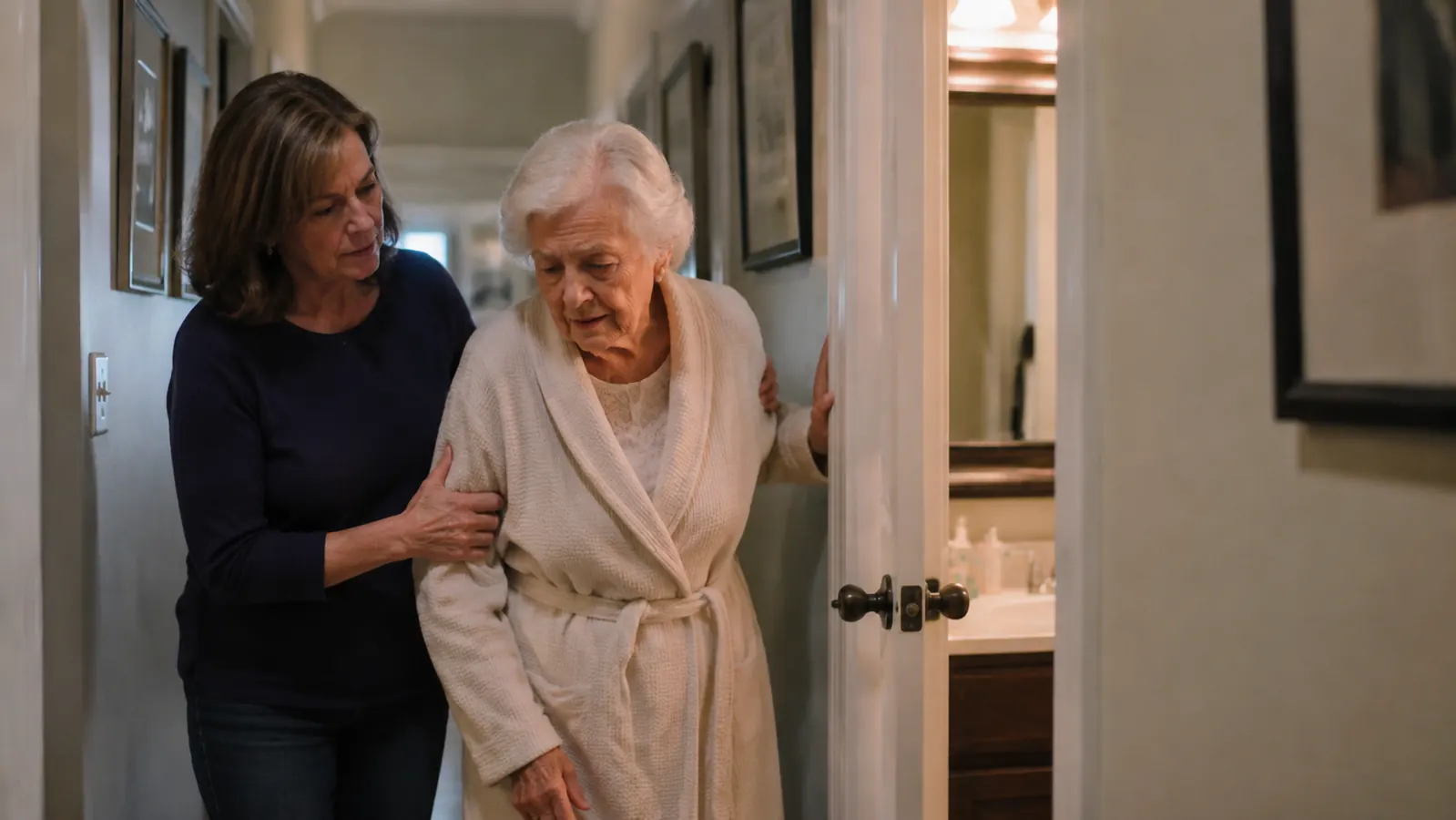 Adult daughter helping an elderly mother steady herself in a hallway near a bathroom door