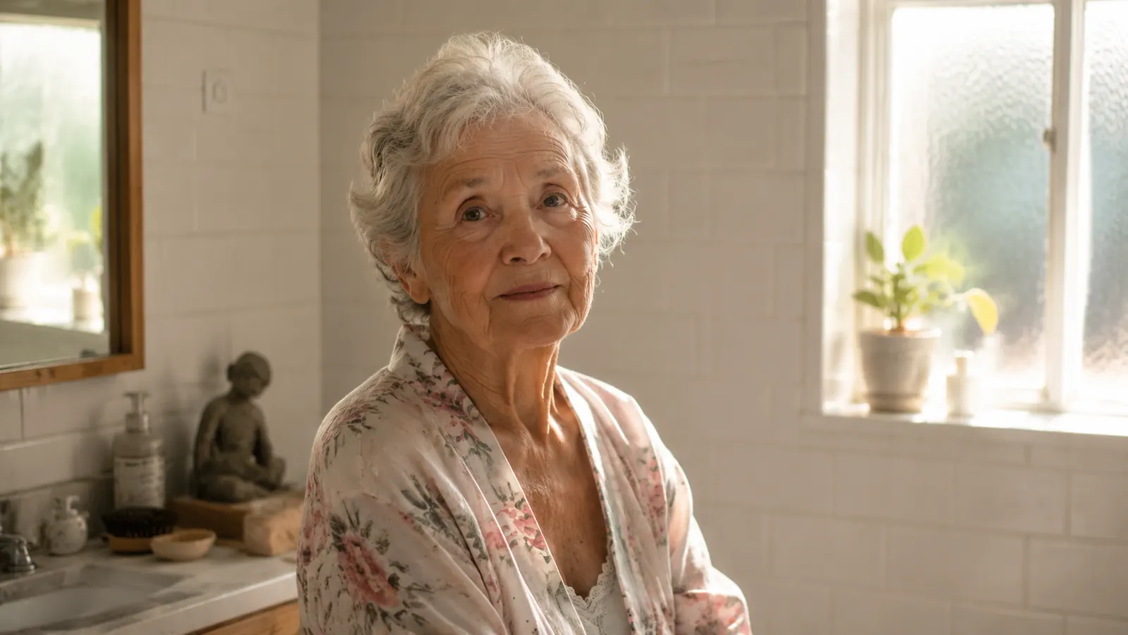 Older woman sitting in a bright, clean bathroom, morning light coming through a frosted window, calm and unhurried