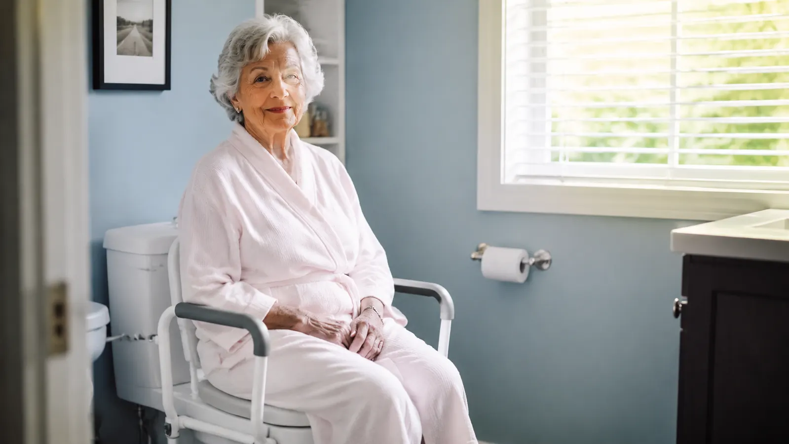 Senior woman sitting on a raised toilet seat with padded arms in a clean, well-lit bathroom