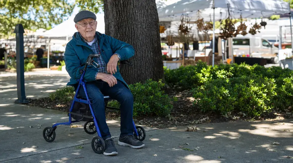 Senior man sitting on the built-in padded seat of a rollator walker, taking a rest on a sidewalk outside a market