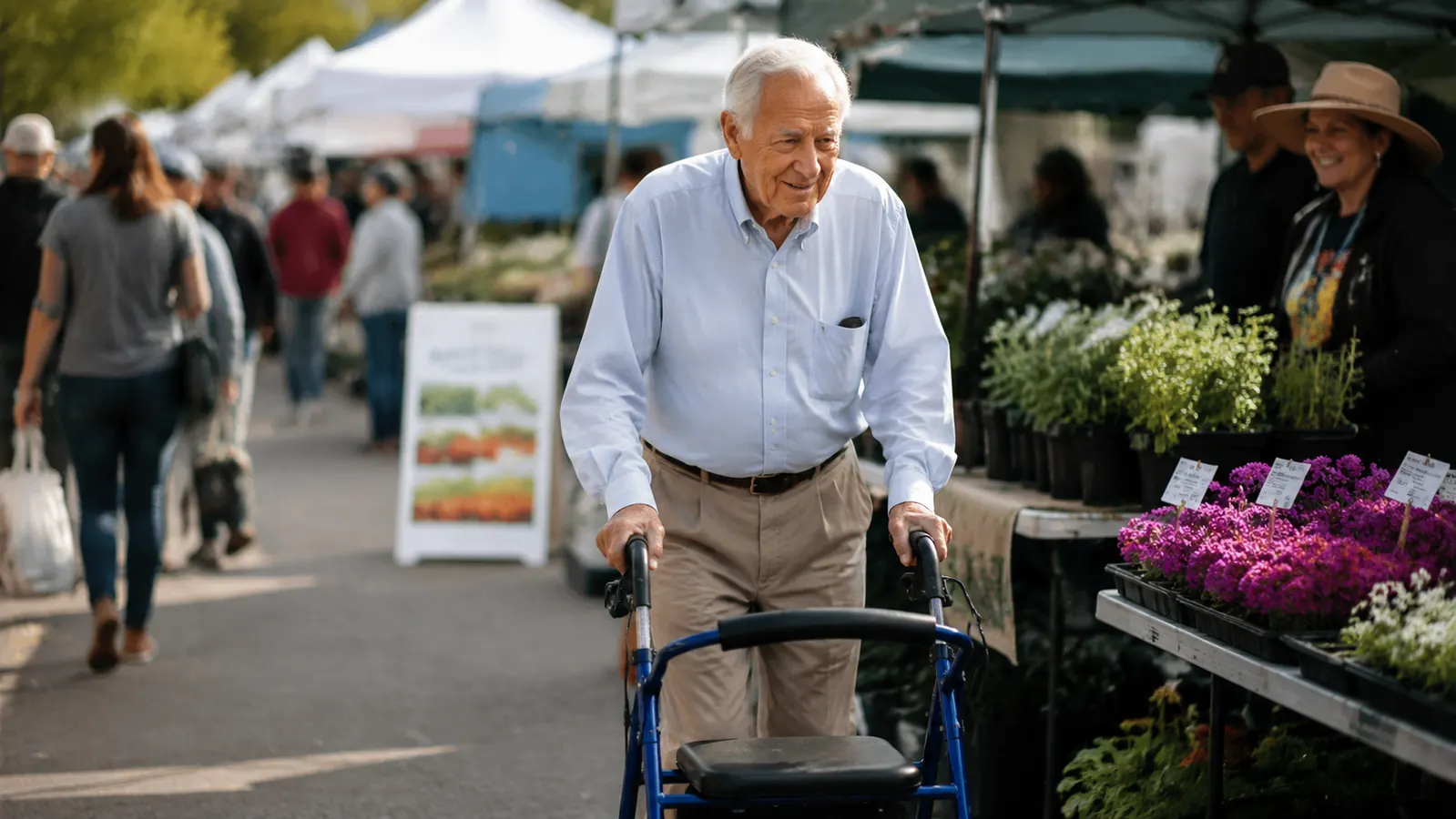 Older man walking through an outdoor farmers market on a sunny Saturday morning, using a blue rollator walker with a built-in seat