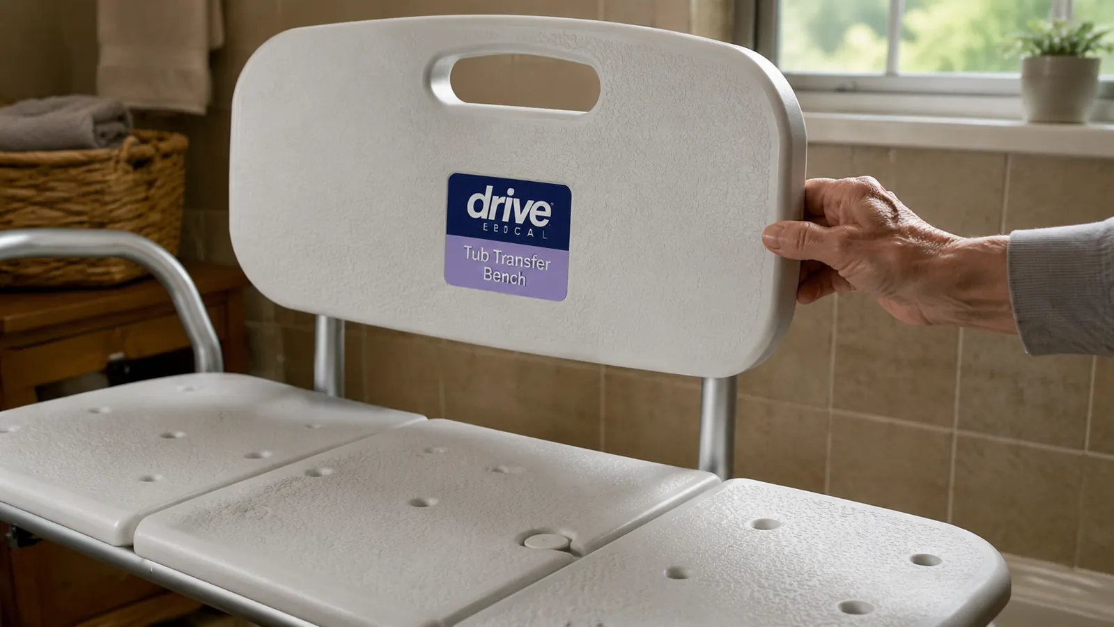 Close-up of the Drive Medical transfer bench backrest and seat surface showing the sturdy aluminum frame