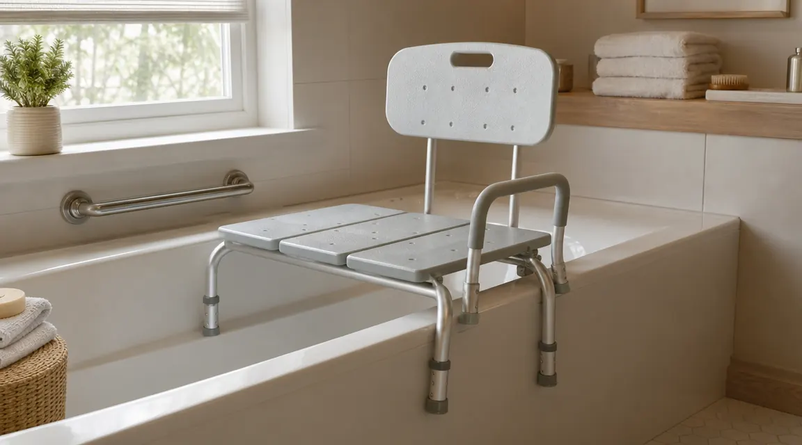 Soft morning light in a quiet bathroom with a grab bar and tub transfer bench visible along the tub edge